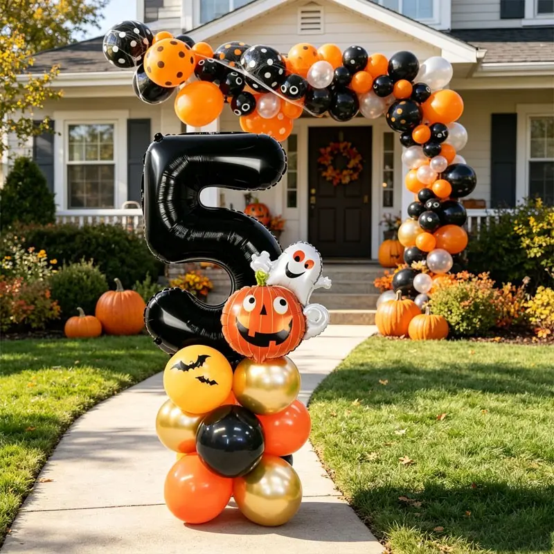 36 Halloween-Themed Birthday Column Balloons，Includes 32-inch black number balloon，pumpkin ghost balloon，Suitable for Halloween-themed birthday parties，Trick or treat，Outdoor Courtyard Party，Halloween-themed Numeric Activity