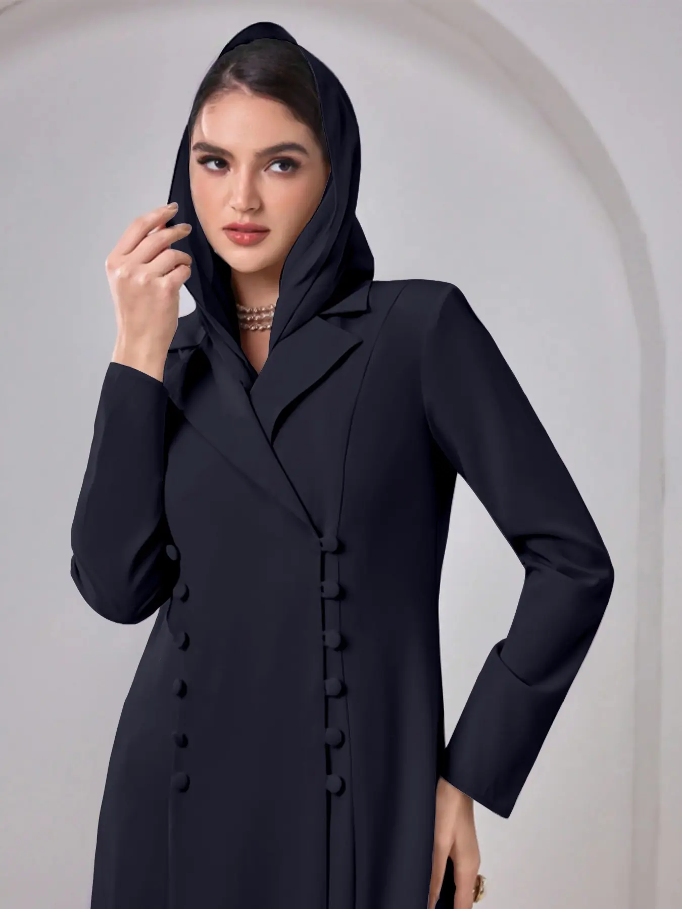 Elegant Abaya Blazer Coat with Headscarf, Shoulder Pads, Solid Color, Pocket Front Button Closure, Split Design, Women's Fashion Outerwear, Modest Islamic Clothing