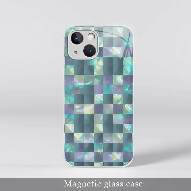Mermaidcore Aesthetic Pearlescent Checkerboard Magnetic Glass Case for iPhone 13, Glossy Shell MagSafe Cover ---975