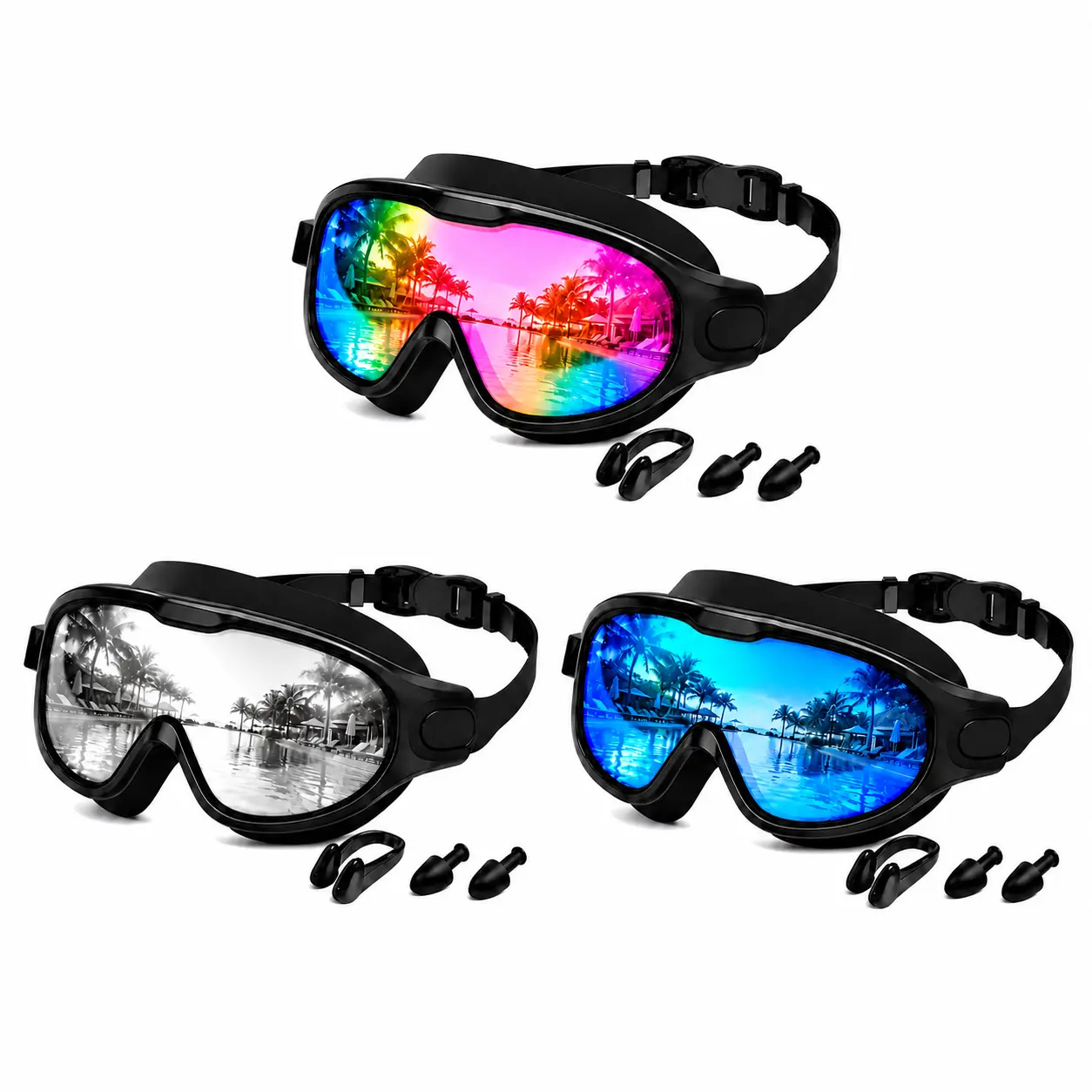 GMOX Swim Goggles with Nose Clips Ear Plugs for Adults Teens, Leak-Proof Anti-Fog Swimming Goggles with 180° Wide View for Pool, Beach and Open Water