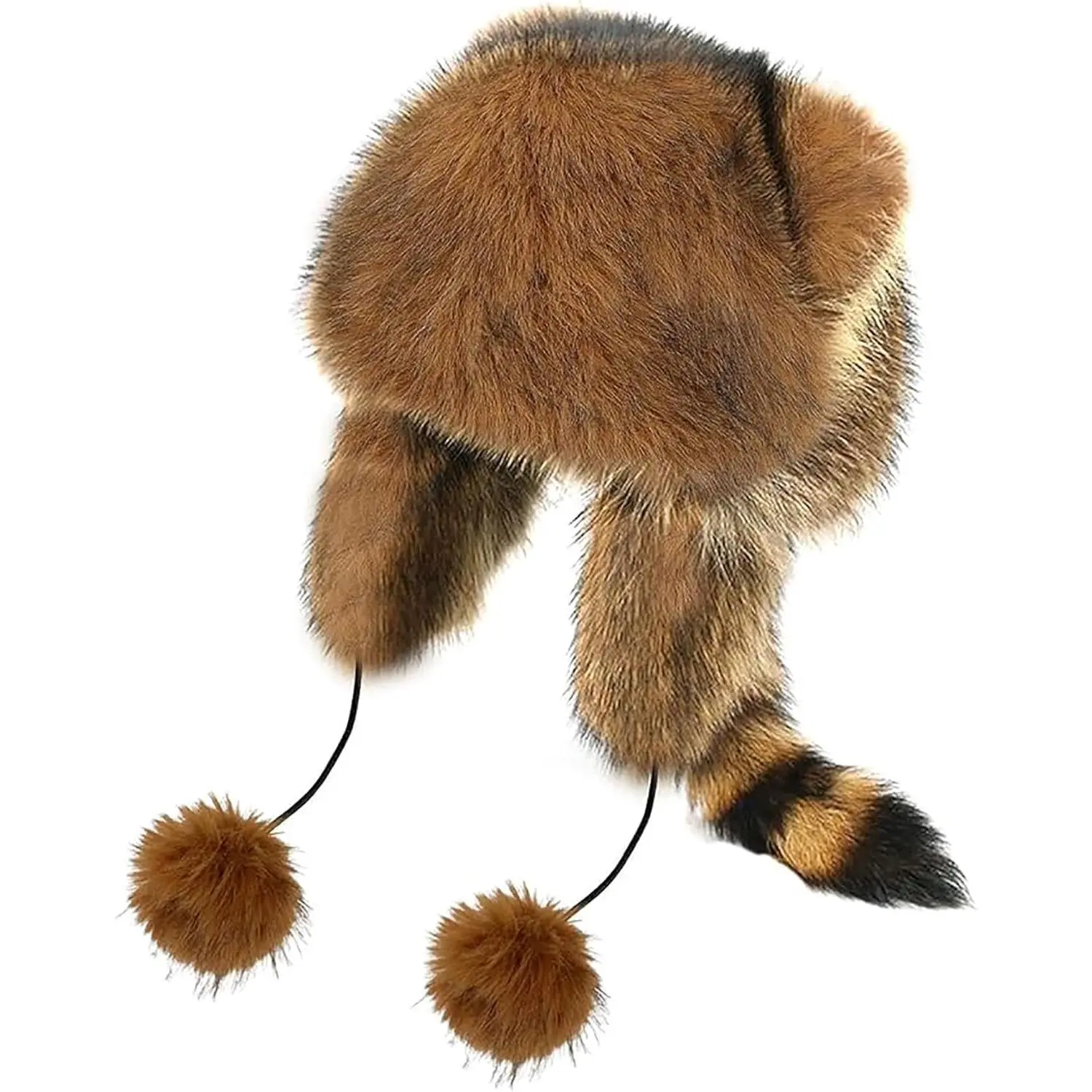 Faux Fur Russian Cossack Hat Fuzzy Plush Raccoon Tail Trapper Hat Winter Warm Coonskin Ski Cap Furry Animal Costume