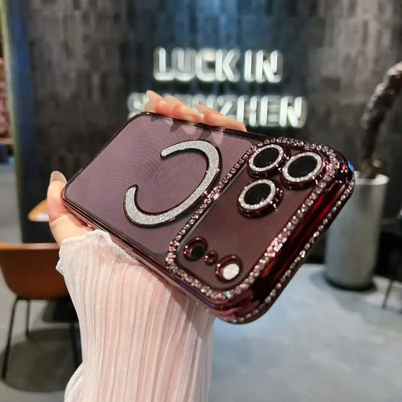 Shiny cherry red diamond magnetic phone case, suitable for iPhone 17 Pro Max/17 Pro 16 15 14 13 12 11, compatible with MagSafe transparent wireless charging, shiny diamond camera protection cover anti drop design for women and girls