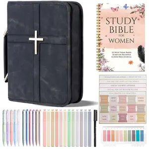 Classic Vegan Leather Bible Cover with Metal Cross Design Handle,include Pens, Tabs, Study Supplies Journaling Kit Zipper Bible Case Organizer Bag Durable Bible Study Supplies Carrying Bag for Men Women Christian Religious Daily Use