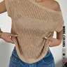 Women's Summer Hollow Out Fashion Elegance Casual Asymmetrical Shoulder Short Sleeve Pullover Top, Sexy Beach Vacation Knit Sweater