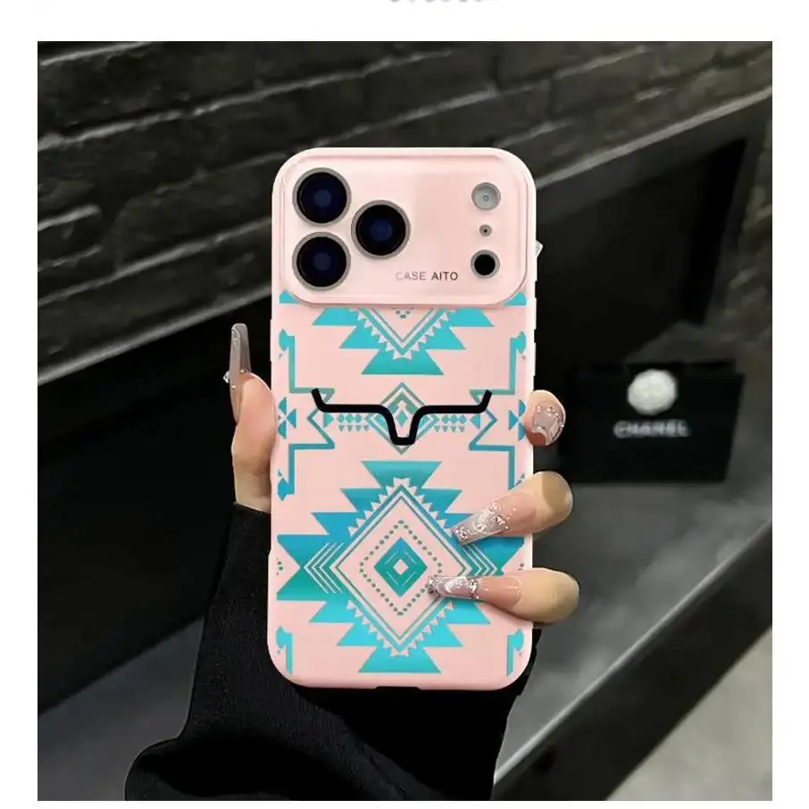 Western Aztec Geometric Bull Head Pattern iPhone Case, Turquoise Southwest Tribal Print Phone Case Suitable for iPhone 17 Air 16 Pro Max 15 14 Plus 13 12,Shockproof Durable Protective Cover