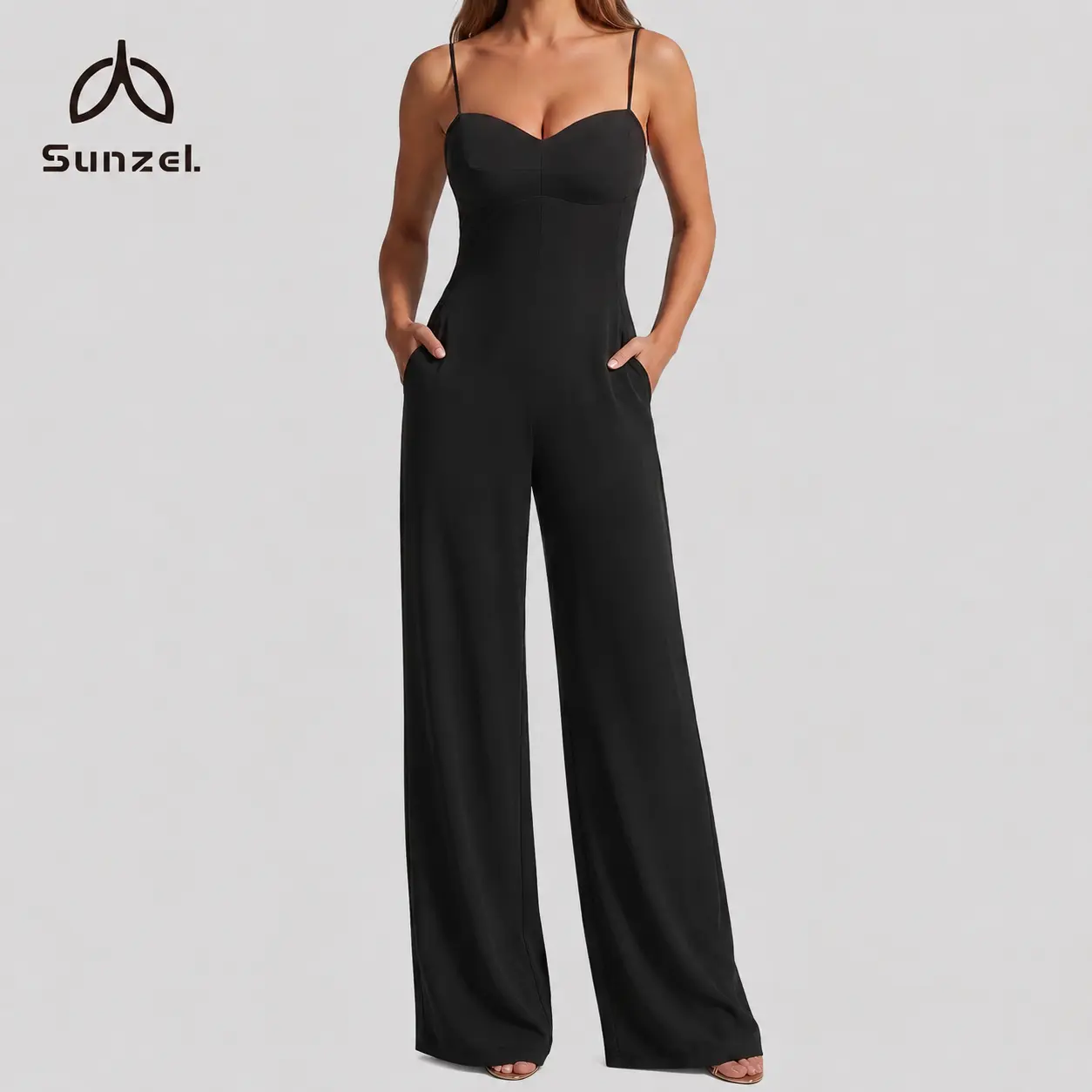 Sunzel Women's Dressy Casual Wide-Leg Jumpsuit, Open-Back One-Piece Outfit with Sweetheart Neckline, Adjustable Straps, Removable Pads, 30-Inch Inseam, Buttery-Soft Stretch Fabric, and Side Pockets for Wedding Guests, Sleeveless, Full Length