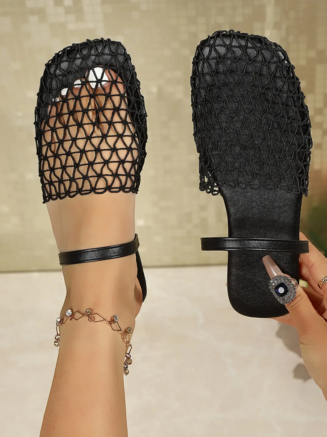 Fishnet Shoes Casual Slippers, Elegant Plain Design, Comfortable Rubber Sole, Fabric Upper, Less Than Ankle Height, Versatile Footwear