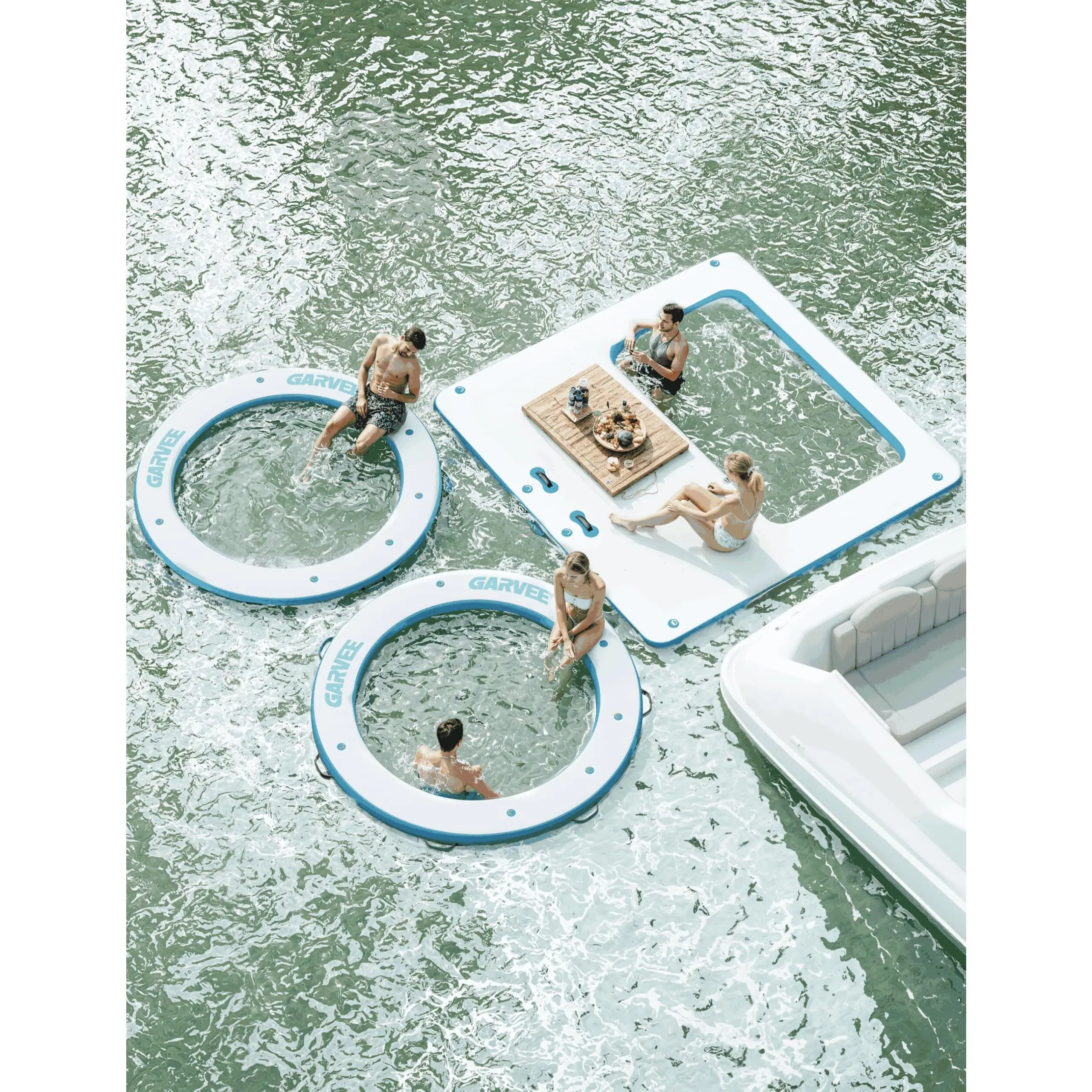 Garvee 8FT Inflatable Floating Dock Platform, Heavy Duty Floating Water Mat with Mesh Swim Area, EVA Non-Slip Deck, Rope Ladder & Water Hammock, Large Floating Island Raft for 6 People, 1600LBS Cap