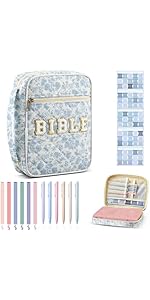 Large Bible Cover Case for Women, Bible Study Supplies Journaling Kit Chenille Letter PU Leather with Tabs Gel Pen Highlighters with Strap Easter Mothers Day Christian Gifts for Women Mom(Flower)