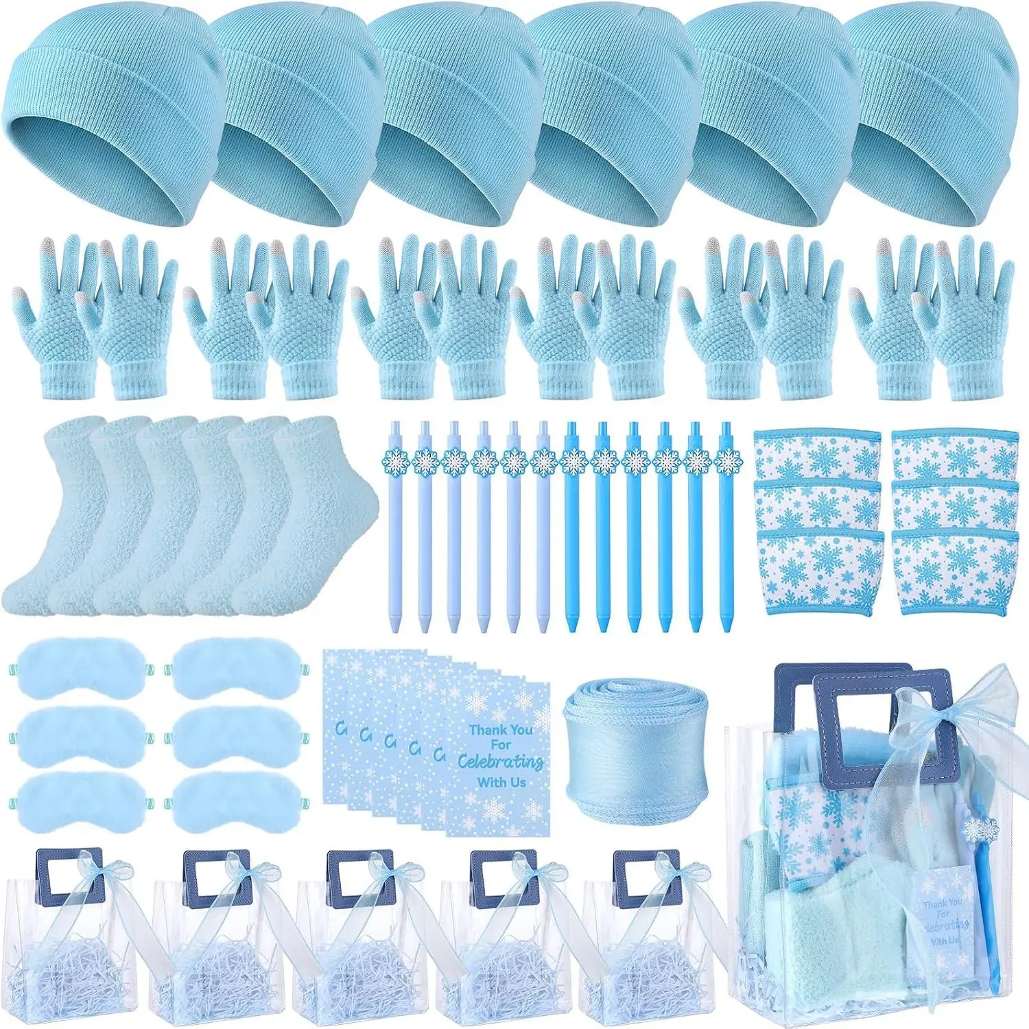 6 Sets  Shower Party Prizes  Guests Winter Warm Set Beanie Hat Gloves Socks Eye Mask Coffee Sleeve Pen Ribbon  Bags for Wedding  Bridal Shower(Blue)
