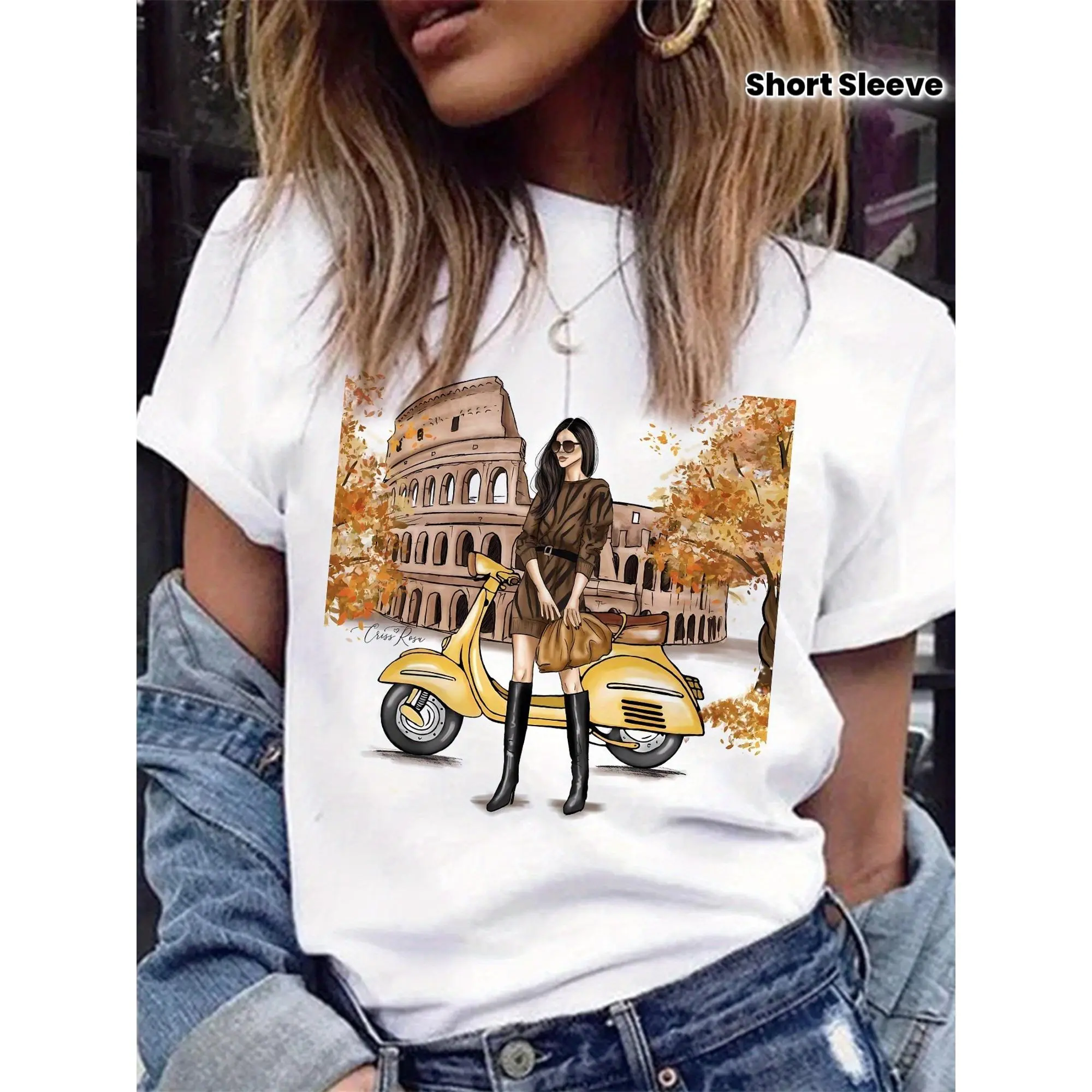 Women's Casual Rome Graphic Print Tshirt, Breathable Short-Sleeve Round Neck Top for Outdoor Activities, Women's Clothes, Casual Wear, All-Over Print, Outdoors, Breathable For Outdoor Activities, Shortsleeve, T-Shirt, Pure Cotton, Full Print