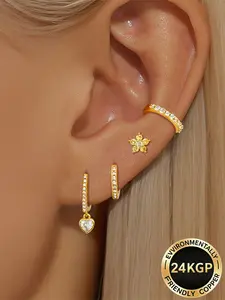 4Pcs Exquisite 24K Gold Plated Cubic Zirconia Heart Drop Dangle Earrings Set For Women Zircon Hoop Earrings Pack Flower Stud Earrings Stack