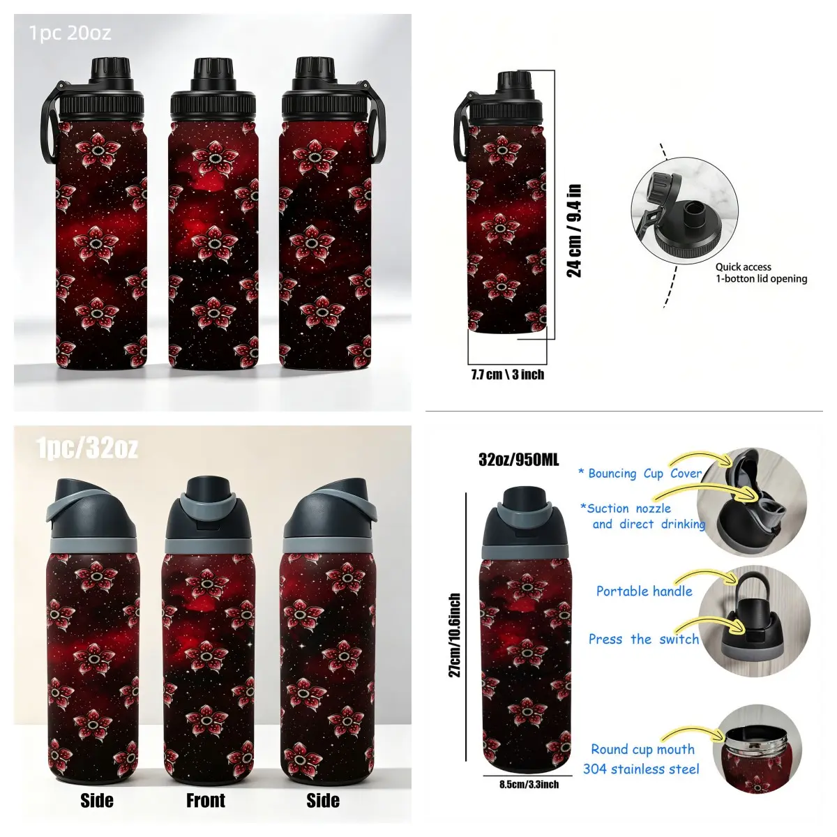 1pc 20oz/32oz Stainless Steel Insulated Cup, Dark Monster Flower Print, Large Capacity Sports Water Bottle, Outdoor Fitness Car Cup, Halloween Gift