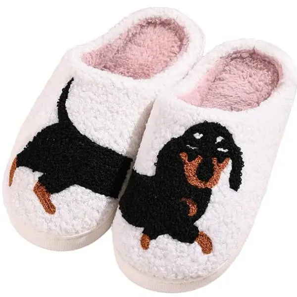 Women's Fuzzy Dachshund Slip-On Slippers - Cute Animal Print Below-Ankle House Footwear, Cozy All-Seasons Casual Soft Shoes