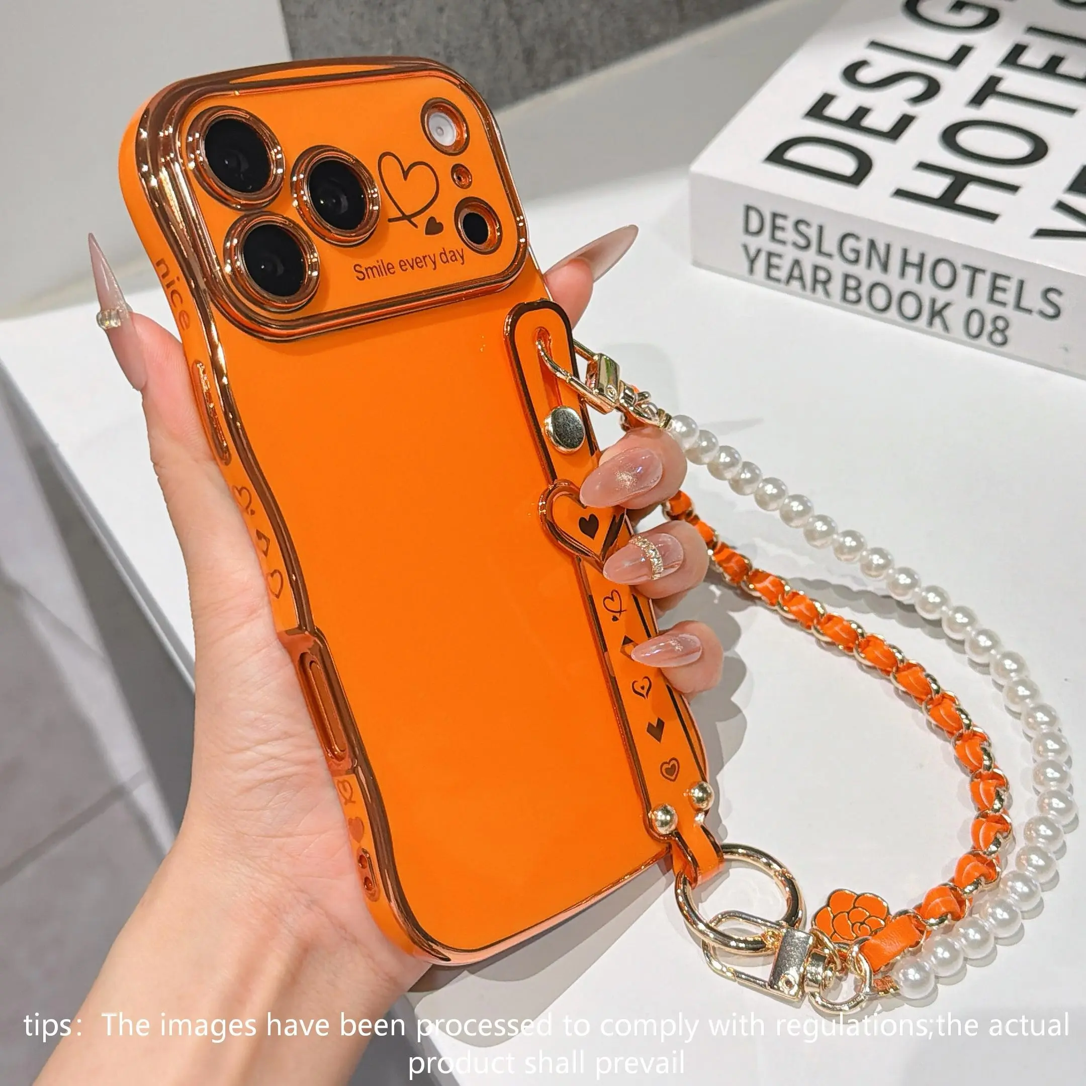 Luxury Electroplated Wave Pattern Dual Heart Large Window Wrist Strap Full Cover Anti-Scratch Anti-Drop Protective Phone Case for Apple iPhone 17pro Max 16pro 15 14 13 12