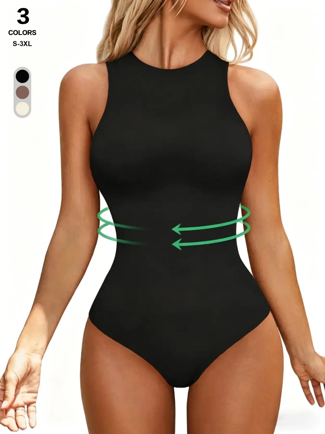 High Neck Racerback Sleeveless Casual Slim Bodysuit, Tummy Control Waist Slimming, Compression High Cut Thong, Solid Stretchy Streetwear