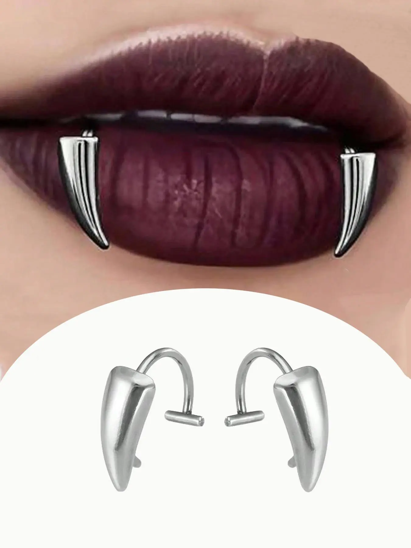 Gothic Stainless Steel Vampire Teeth Lip Rings Set, Vampire Fangs, Unique Halloween Cosplay Accessories, Unisex Party Body Jewelry Accessory for Men & Women
