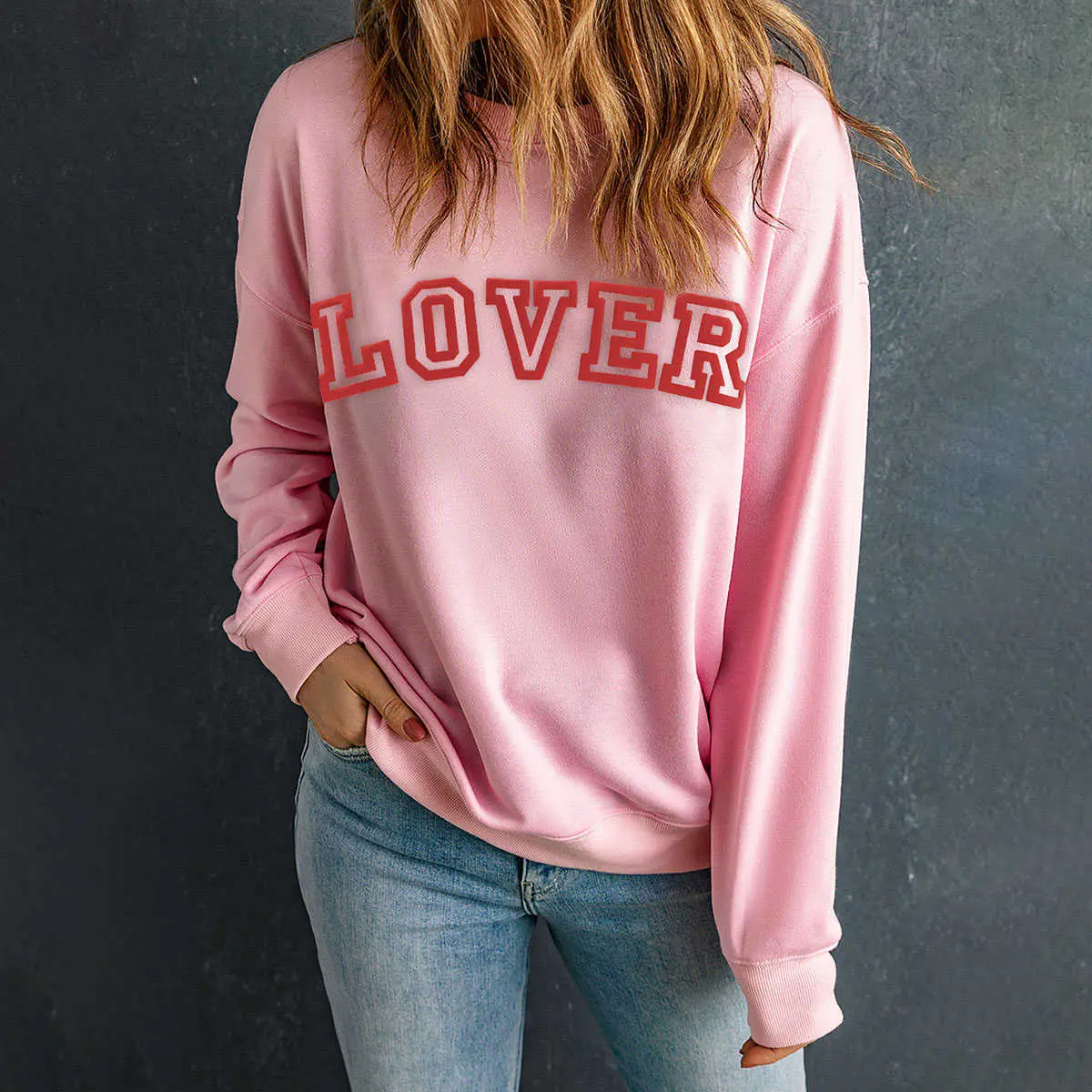 Women's Pink Graphic Puff Print Drop Shoulder Pullover Sweatshirt - Simple Style, Casual Cotton Fabric, Basic, Fit