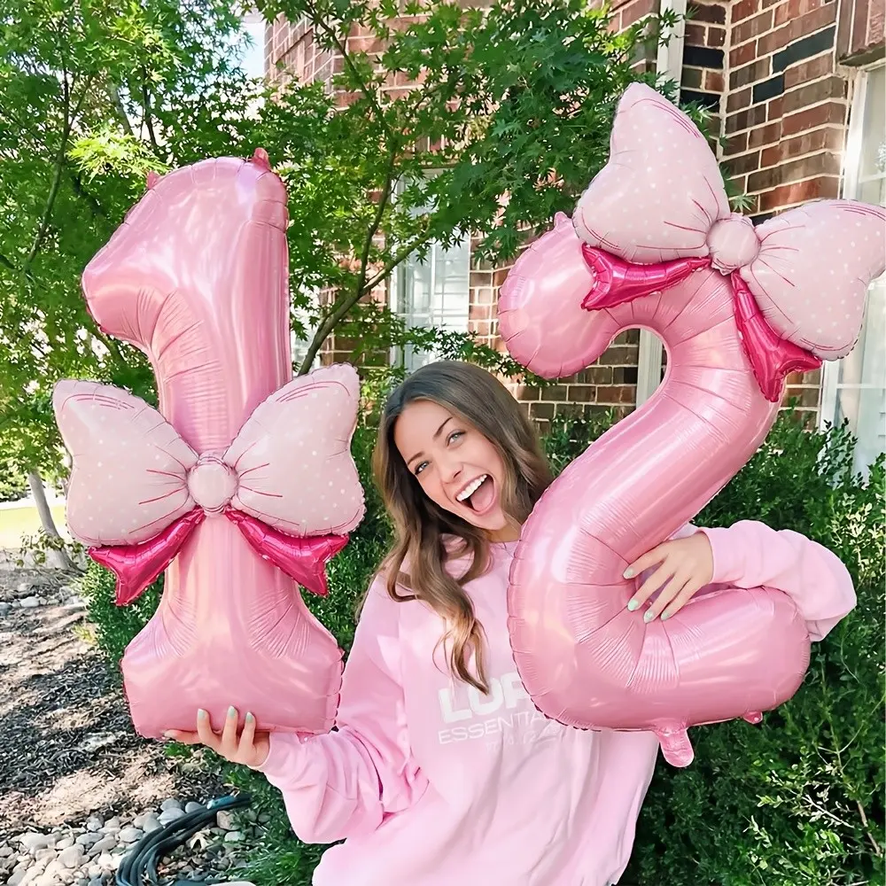 2 pieces, pink numeral and bow aluminum foil balloons - Includes 32-inch pink numbers 1~6 and pink mini bows, suitable for romantic birthday parties, anniversaries, coming-of-age celebrations, and art & craft party balloons, Party Balloons Decorations