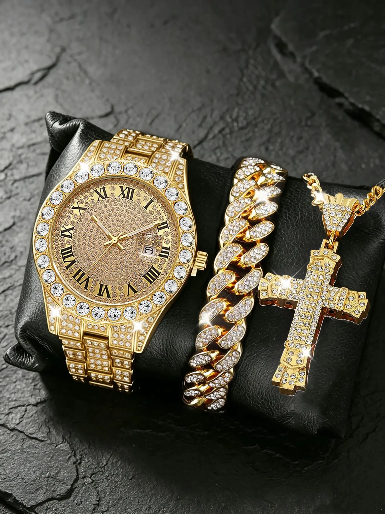 Men's Luxury Fashion Quartz Watch Set, Hip Hop Cuban Rhinestone Bracelet, Cross Necklace, Street Style, Versatile Gift