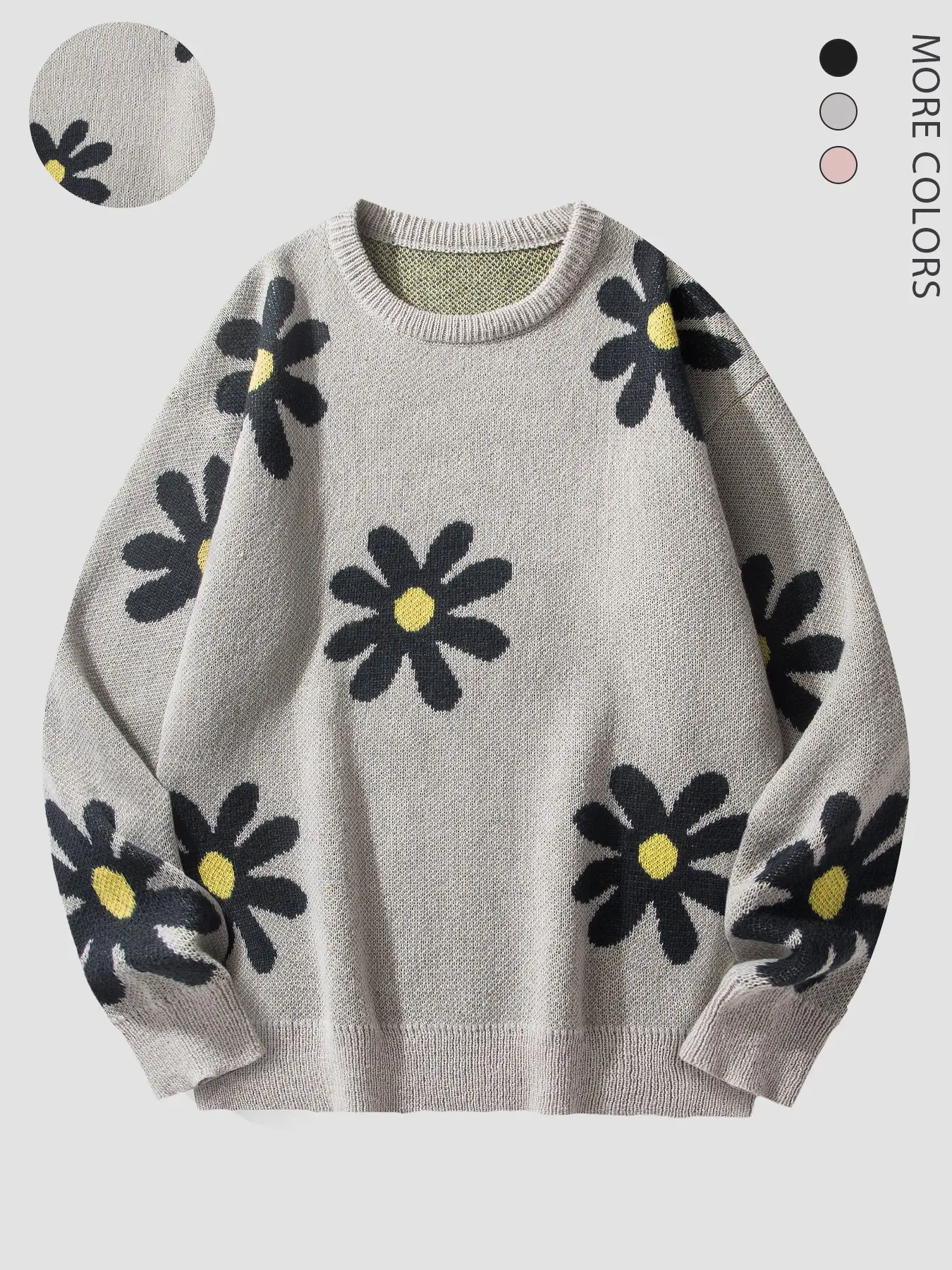 Unisex Cute Daisy Print Knit Sweater, Soft Loose Round Neck Fall Winter Top, Comfortable Warm Stylish Clothing for Daily Wear