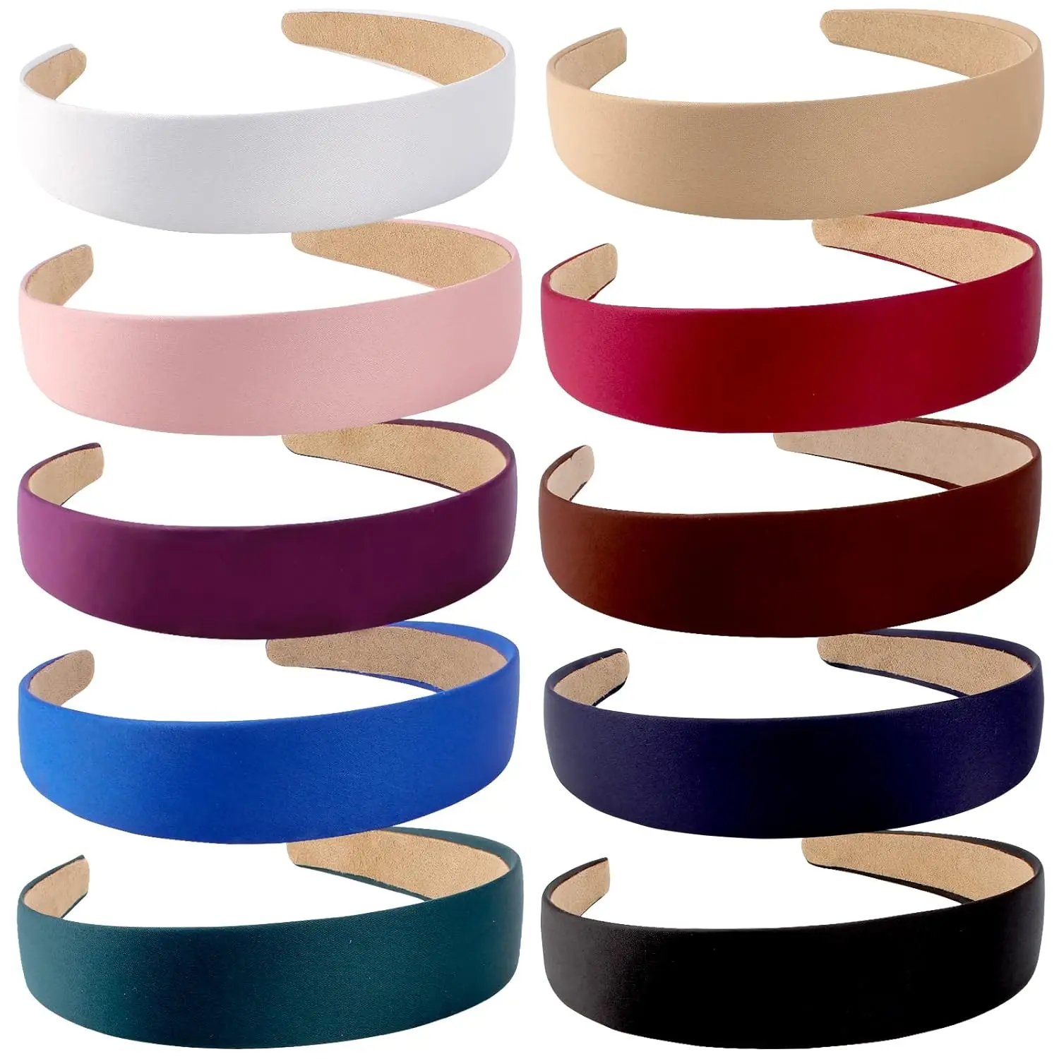 Women's 10-Piece 1-Inch Wide Satin Non-Slip Headbands, Plain Thin Solid Female Hair Accessories for Everyday Wear, Party