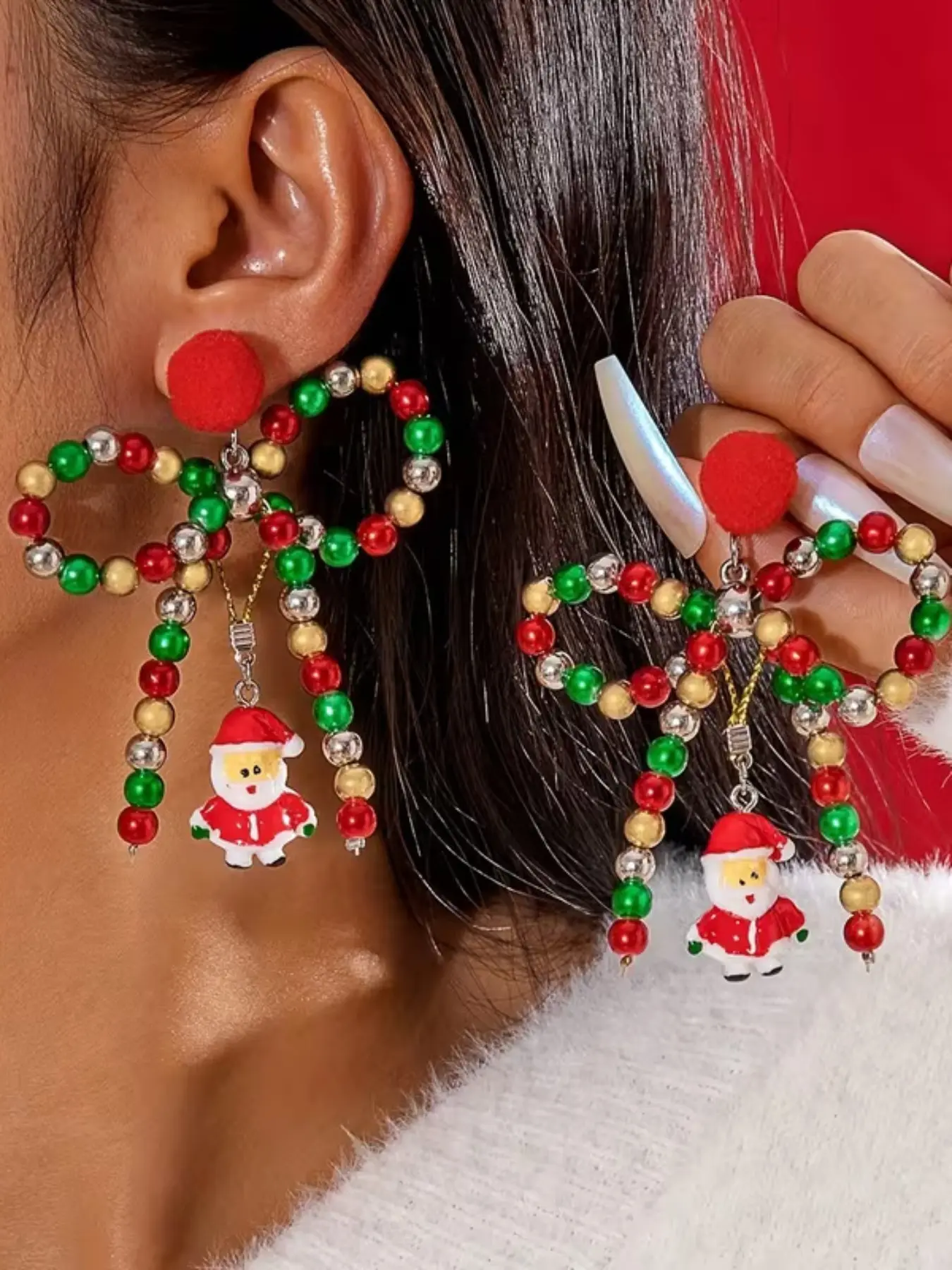 Fashionable Christmas Series Beaded Bow Santa Earrings, Perfect for Parties, Holidays, Mother's Day, Valentine's Day, Christmas Gifts