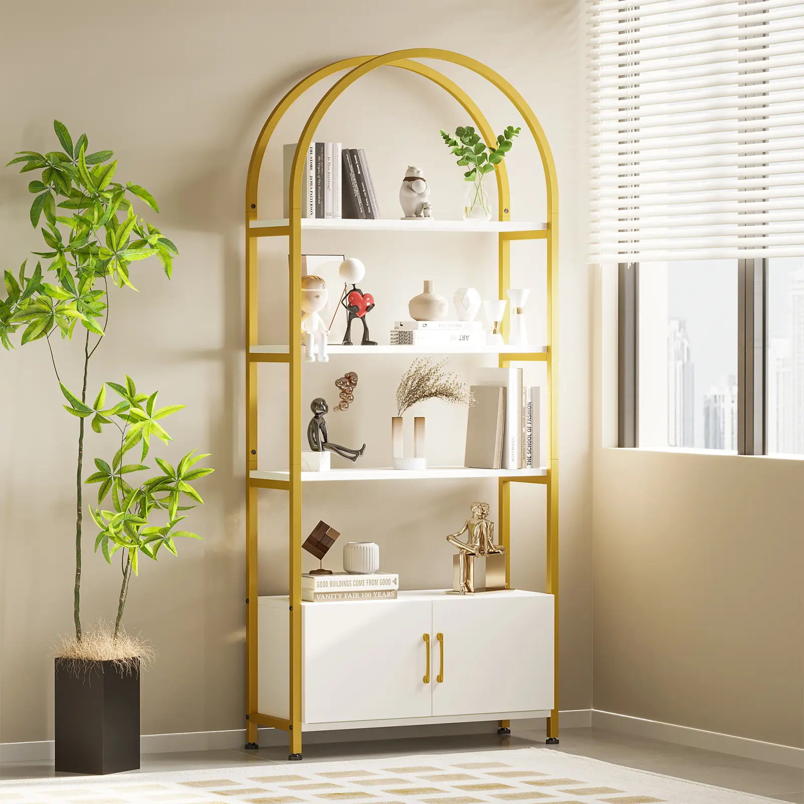 Modern Arched Bookshelf with Doors – 4-Tier 71.5" Tall Freestanding Metal Bookcase Cabinet – Sturdy Display Storage for Home Office, Bedroom, Living Room