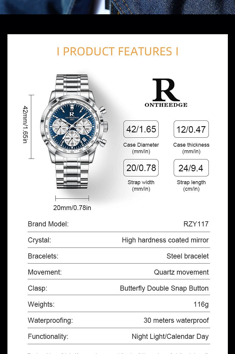 Men's Luxury Blue Dial Chronograph Quartz Watch - Stainless Steel Wristwatch with Tachymeter, Date Display, Multi-Function Subdials, Elegant Business Sport Dress Watch, Perfect Gift for Husband Dad Boyfriend