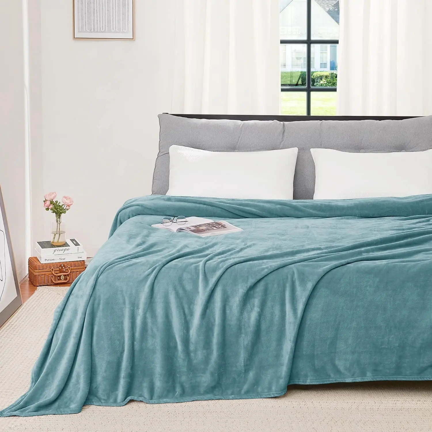 Solid Breathable Plain Surface Microplush Blanket - Large, Soft, Cozy, Thermal Warmth All-Season Flannel Look Fuzzy Texture Blanket for Couch/Bed (Stone Blue, 90in x 108in)