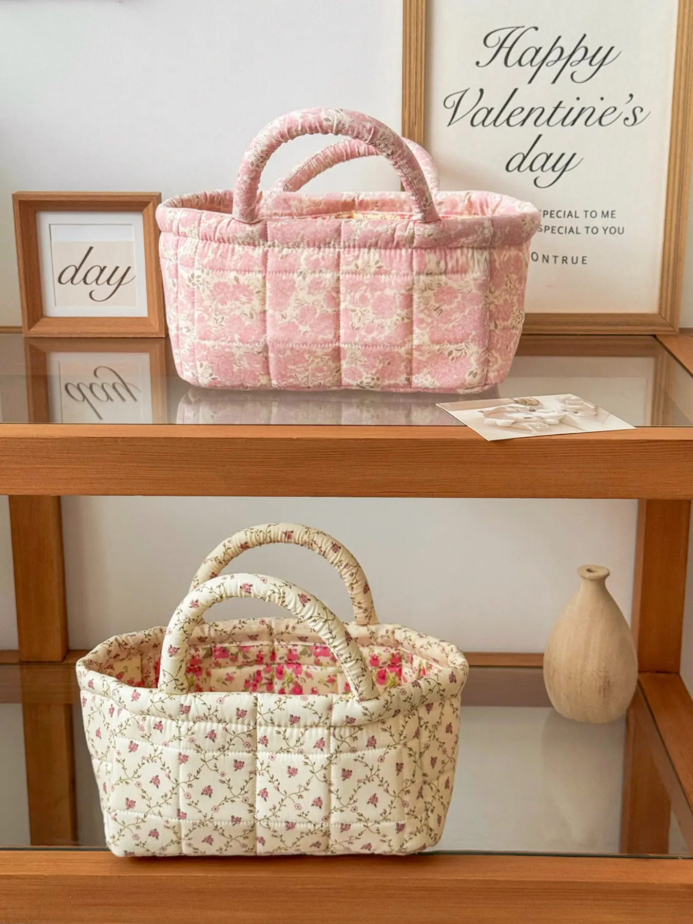Vintage Small Country Style Ditsy Floral Storage Basket, Sewn Fabric Handbag, Desktop Cosmetics Organizer, Daily Use Storage