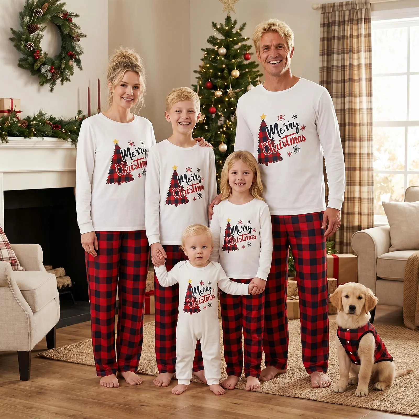 Christmas Family Matching Pajamas Set, Merry Christmas Tree Print Long Sleeve Top & Red Black Buffalo Plaid Pants, Family Holiday Matching PJs for Adults and Kids