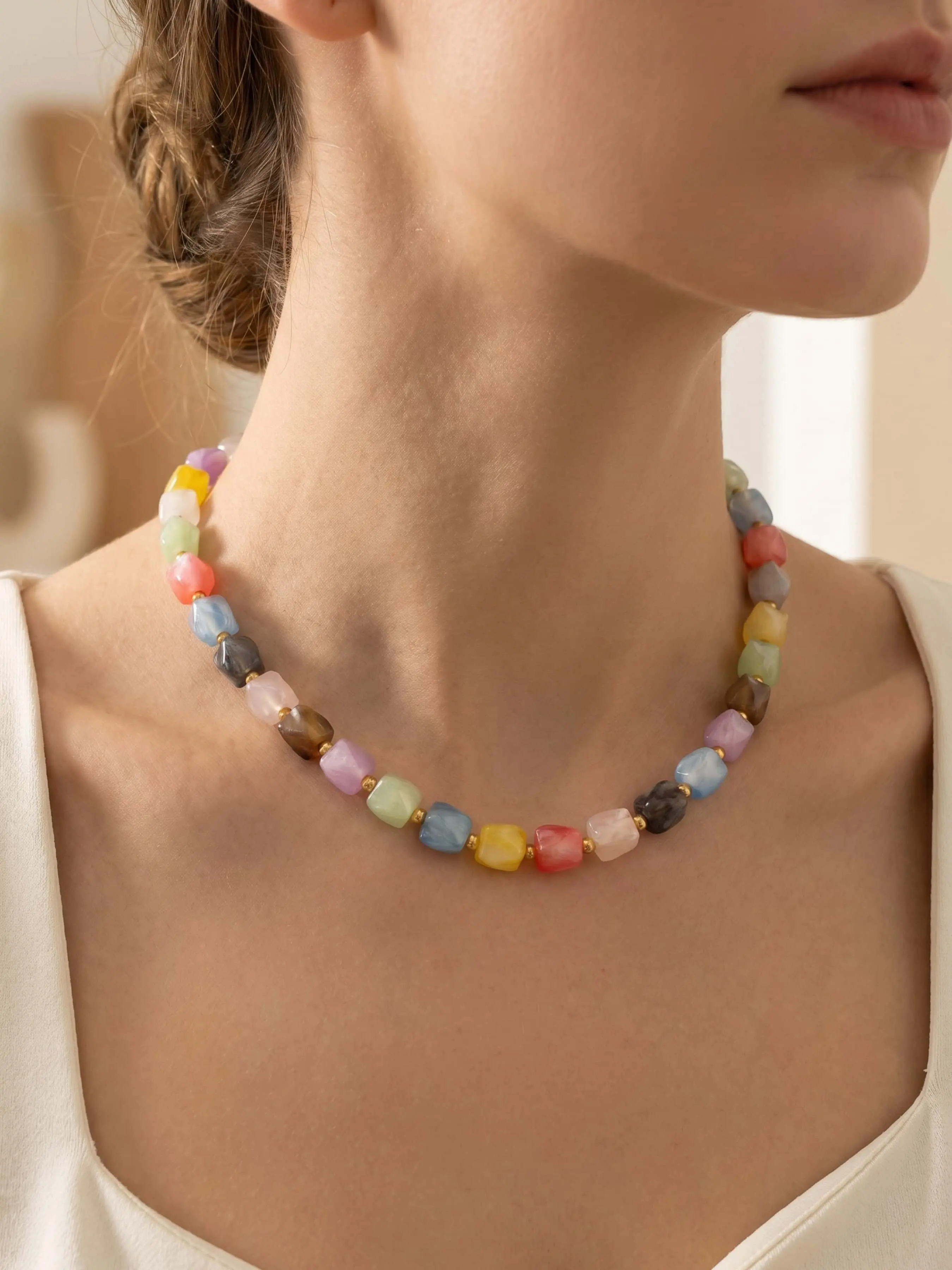 UV Sunlight Color-Changing Beaded Necklace, Glitter Infused Beads, Non-Tarnish Spacers, Rainbow Shimmer Gemstone Choker for Women