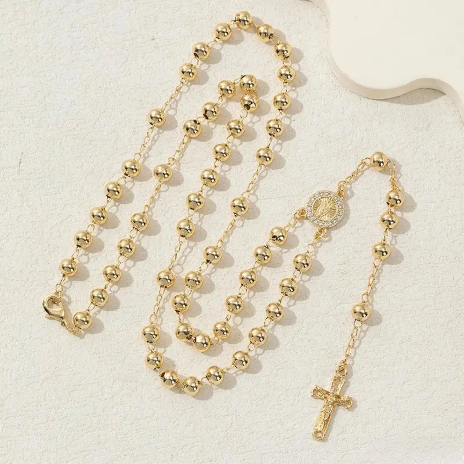 Our Lady of Guadalupe Rosary Necklace – 14K Gold Plated 6mm Beaded Catholic Prayer Necklace for Women & Men