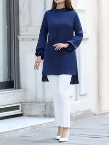 Modest Navy Satin Tunic, Smooth Fit, Minimalist Chic Design, Asymmetrical Hem, Elastic Cuffs, Wrinkle-Resistant, Ideal for Daily Wear and Meetings
