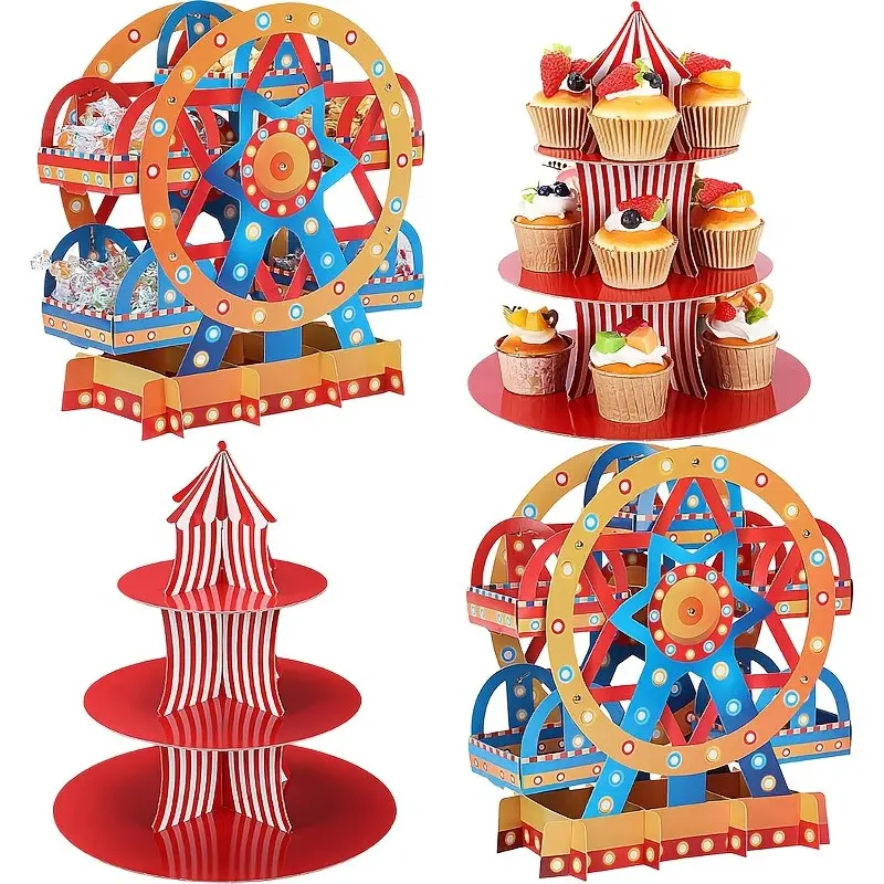 Set of 4 Ferris Wheel Cupcake Stands & Centerpieces - 3-Tier Circus Carnival Party Decorations with Cardboard Cake Holders, for Birthday Party Dessert Displays, Cakes, Cupcakes, Mini Cakes