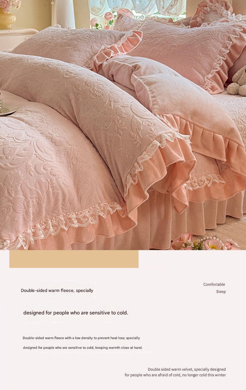 Korean-style French lace thickened milk velvet four-piece set with double-sided baby velvet and coral velvet duvet cover and quilted bed skirt