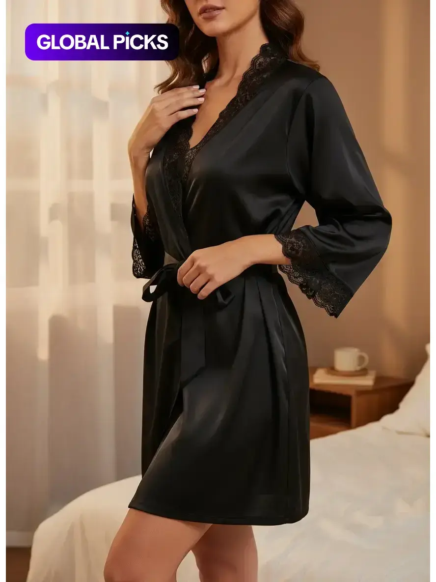 Women's Contrast Lace Belted Robe, Gowns, Solid Color Long Sleeve V Neck Lounge Robe, Casual Comfy Sleepwear Loungewear for Women, Soft Bathrobe Sleepwear