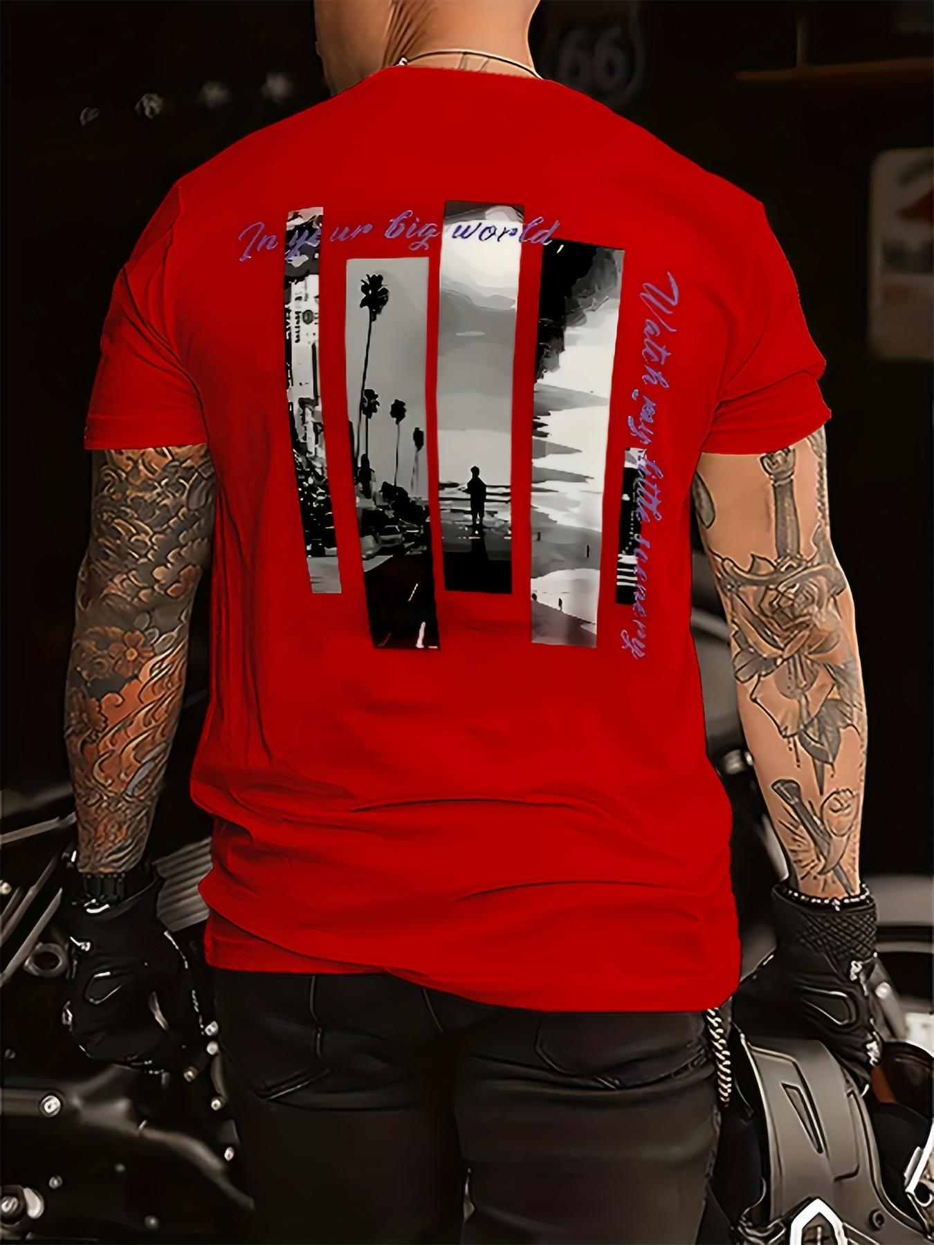 Men'S Stylish Red Graphic T-Shirt - , Short Sleeve Crew Neck, Comfort Fit for All Seasons, Casual Streetwear with Palm Tree & "In Your Big World" Design, Everyday Tshirt |     Bold Graphic Tee |     Smooth Texture Fabric graphic tee