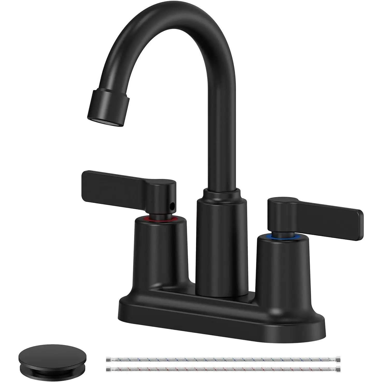 Matte Black Bathroom Sink Faucet 3 Hole 4 Inch Centerset Bathroom Faucets | Faucet for Bathroom Sink with Pop Up Drain and 2  Hoses 2 Handle Bathroom Faucet for Sink  RV