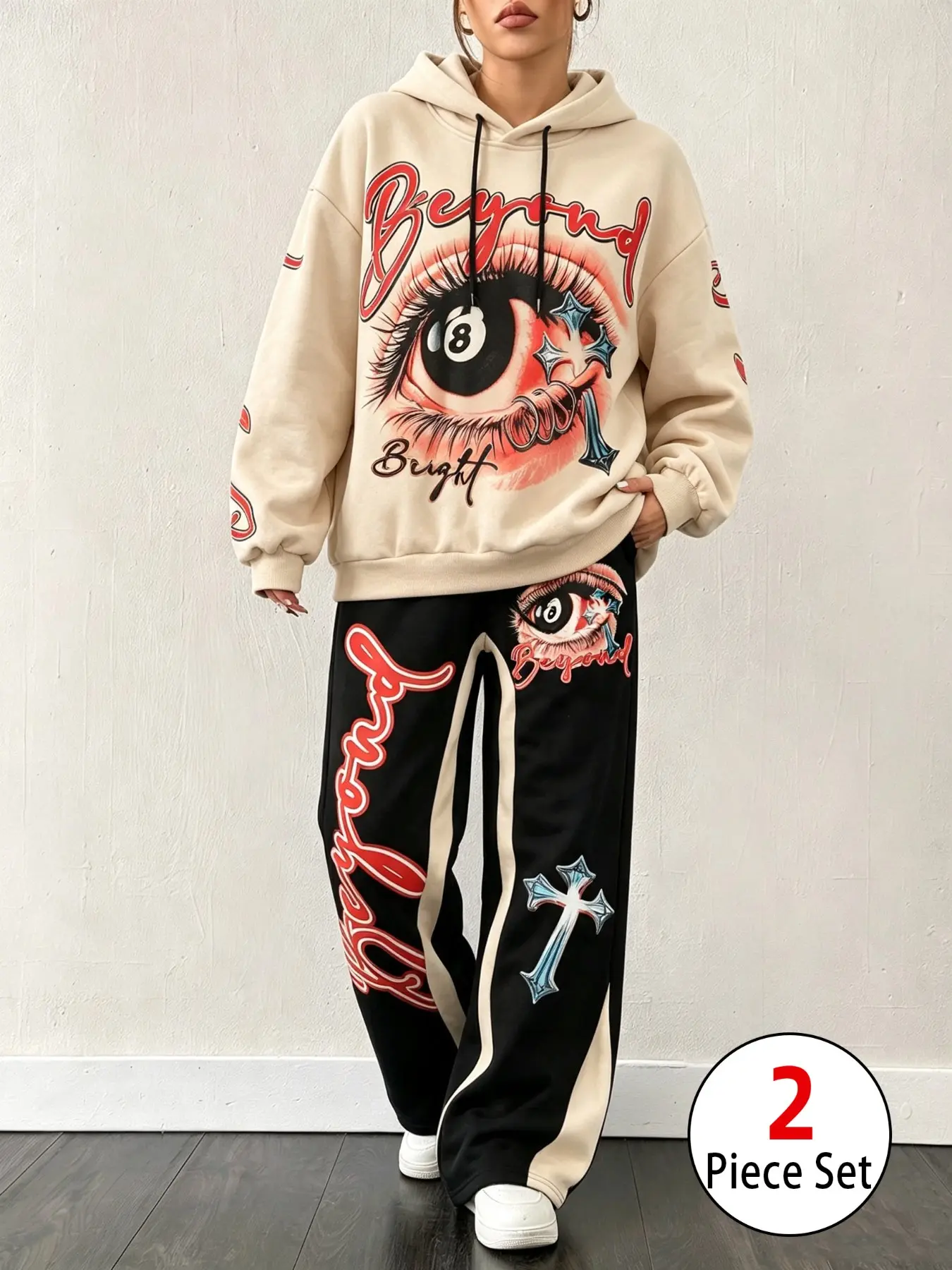 Women 2 Piece Y2K Goth Hip‑Hop Tracksuit, Cropped Graphic Hoodie & Baggy Wide Leg Sweatpants, Vintage Tie‑Dye Eye Print Drawstring Streetwear Set, Unisex Outfit for Street Dance Rave Daily Wear, Viral Fall Winter Suit for Teen Girls Ladies