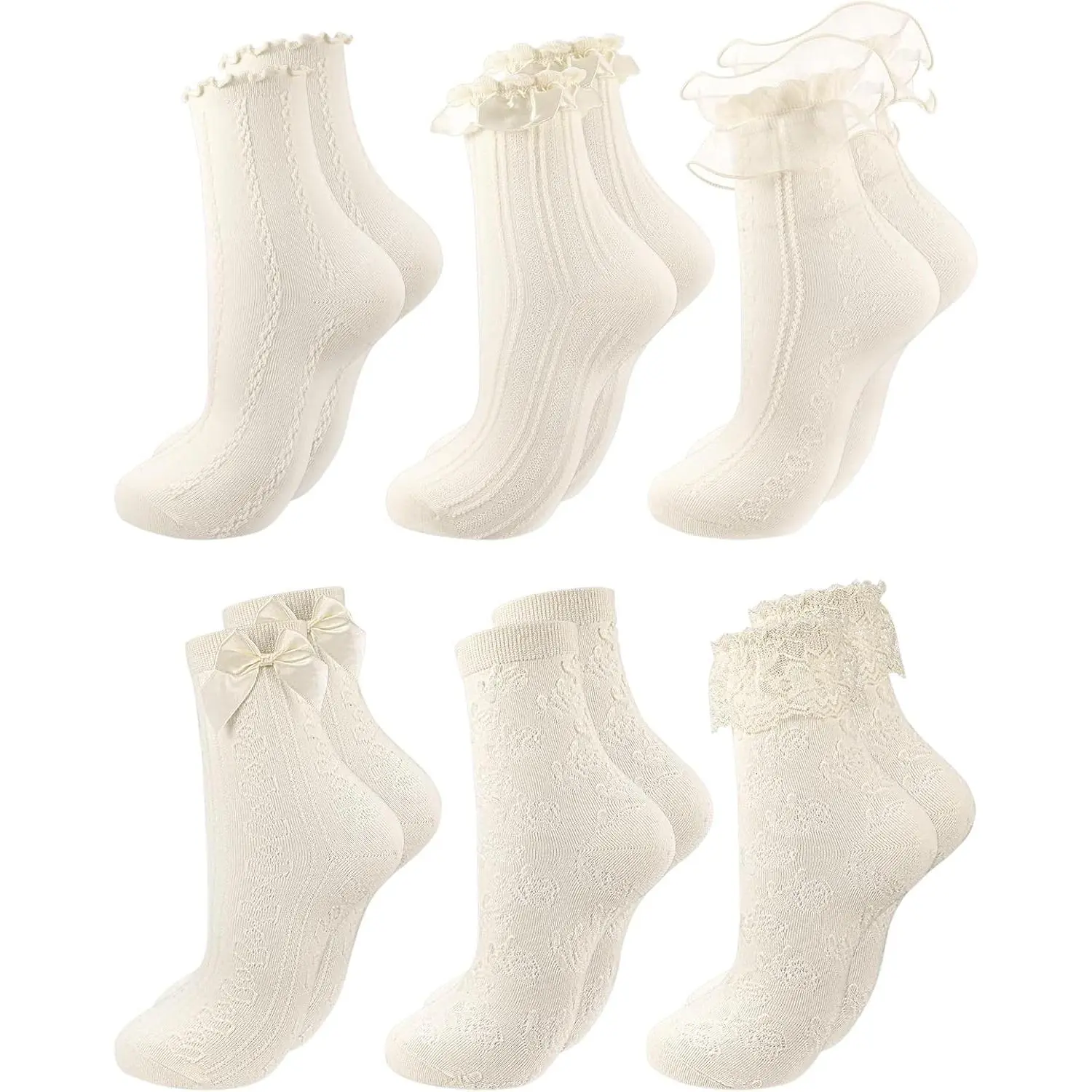 6 Pairs Women's Lace Ruffle Socks, Cute Frilly Ankle Socks for Lolita Wedding, Vintage Breathable Princess Bow Sock