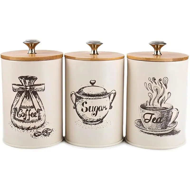 Vintage Coated Steel Kitchen Canister Set (3-Pack) - 25oz Airtight Round Jars with Bamboo Lids, Farmhouse Storage Containers for Coffee, Sugar