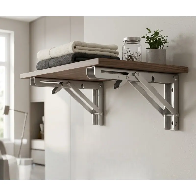 2-Pack Stainless Steel Folding Shelf Brackets, Space-Saving Load-Bearing DIY Home Hardware for Desk Workbench Garage Storage
