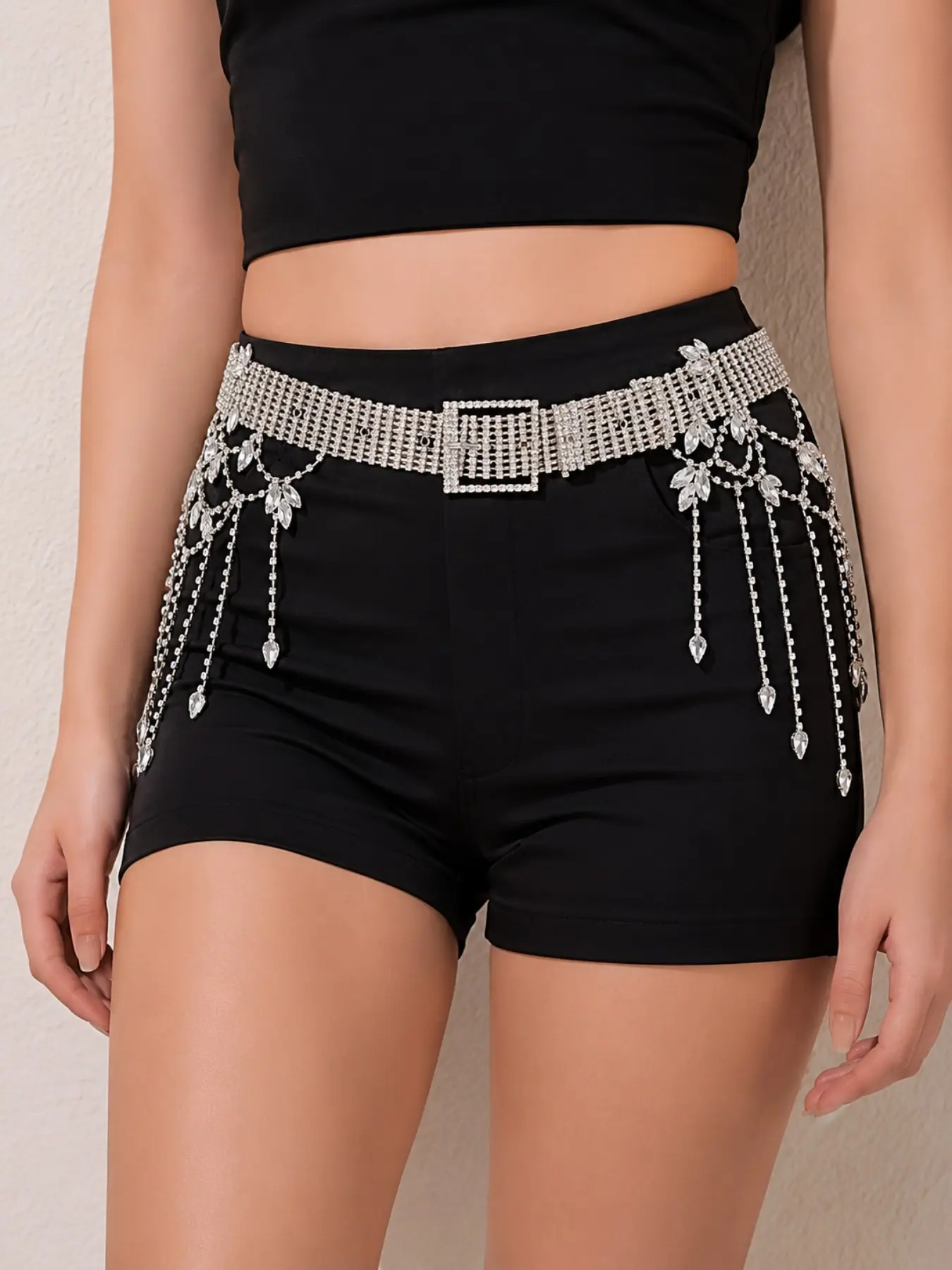 Wide Rhinestone Waist Chain for Women, Sparkly Crystal Fringe Waist Belt with Square Buckle, Y2K Glam Party Hip Chain Jewelry
