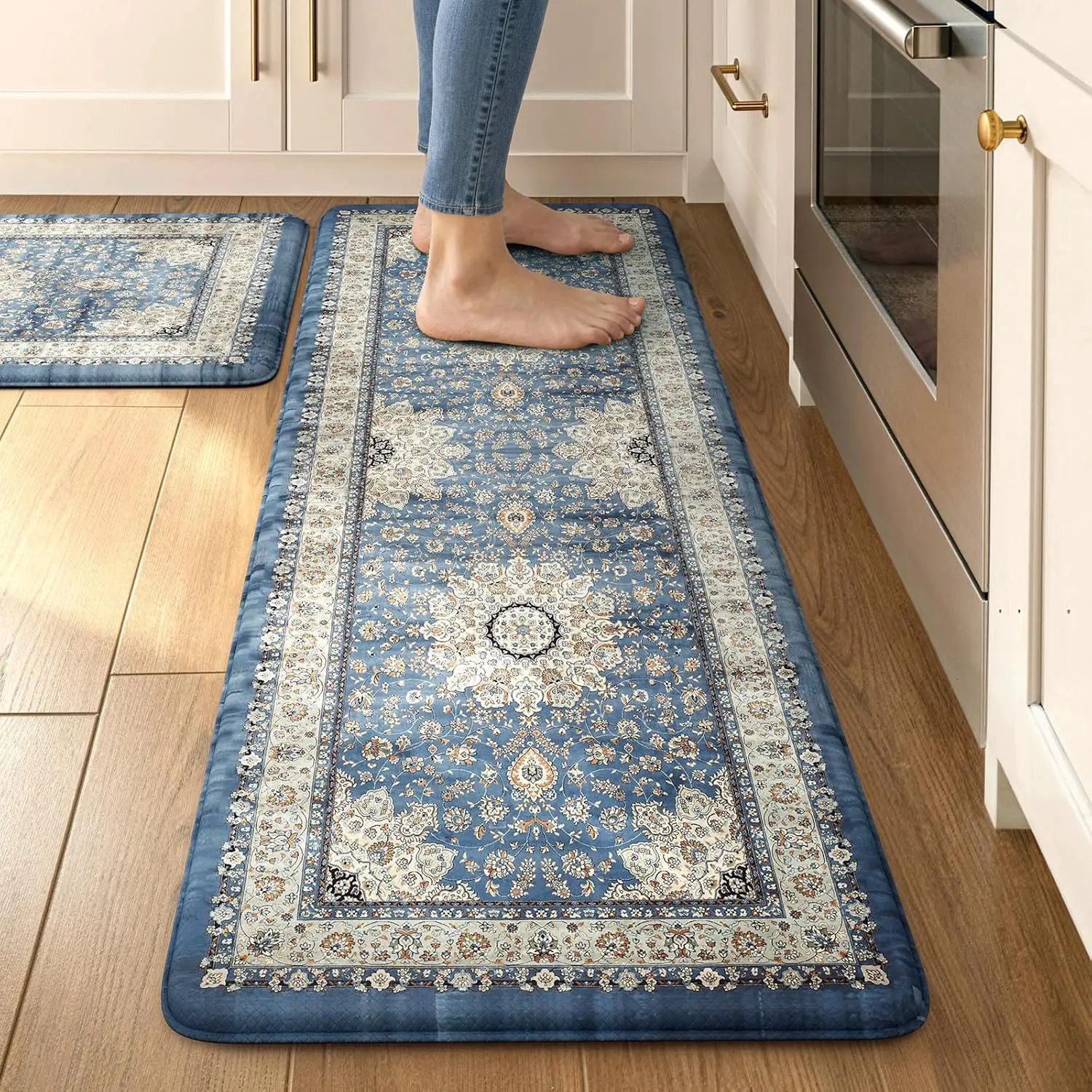 Boho Vintage Blue 0.4 in Cushioned Anti-Fatigue Kitchen Rug Sets, Waterproof Slip-Resistant Padded Rugs for Kitchens, Washable Standing Desk Mats