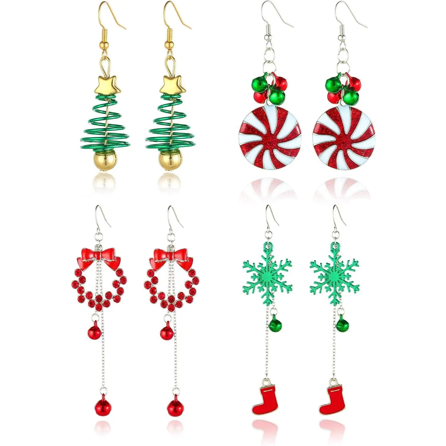 4/12 Pairs Dangle Earrings for Women - Christmas Tree Jingle  Snowflake Garland Earrings Gifts Set for Holiday Party Decorations