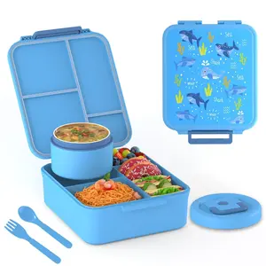 Nifogo Bento Lunch Box for Kids with 8.5oz Soup Thermo 4Compartment Leakproof Containers Blue Nylon InsulatedBag Adjustable Strap for School Travel Picnic