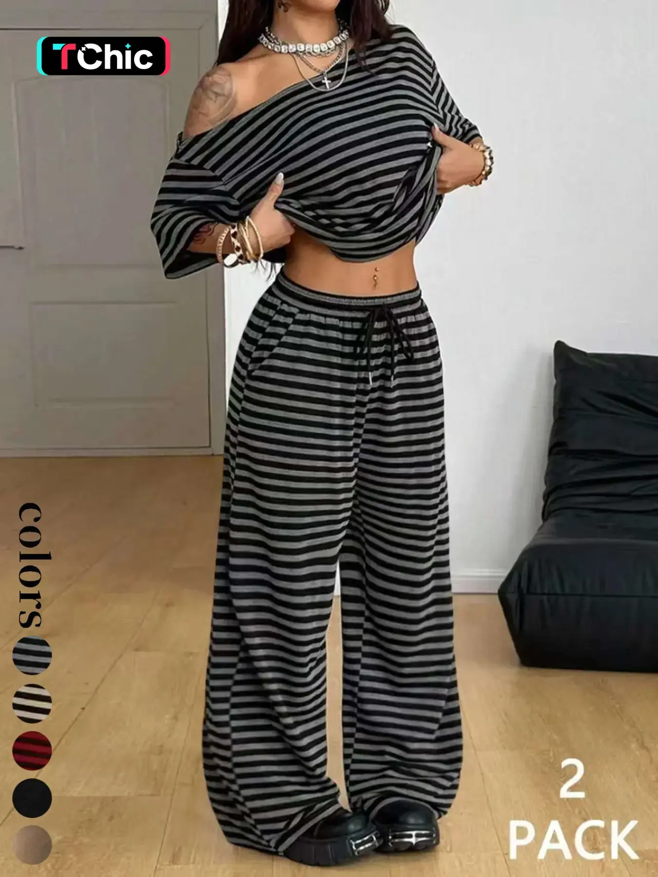 Women's Casual Loose Oversized Streetwear Two-Piece Set, Comfortable Striped Shoulder-Exposed Top & Wide-Leg Pants, Daily Wear Sportswear, Striped Lounge Sets