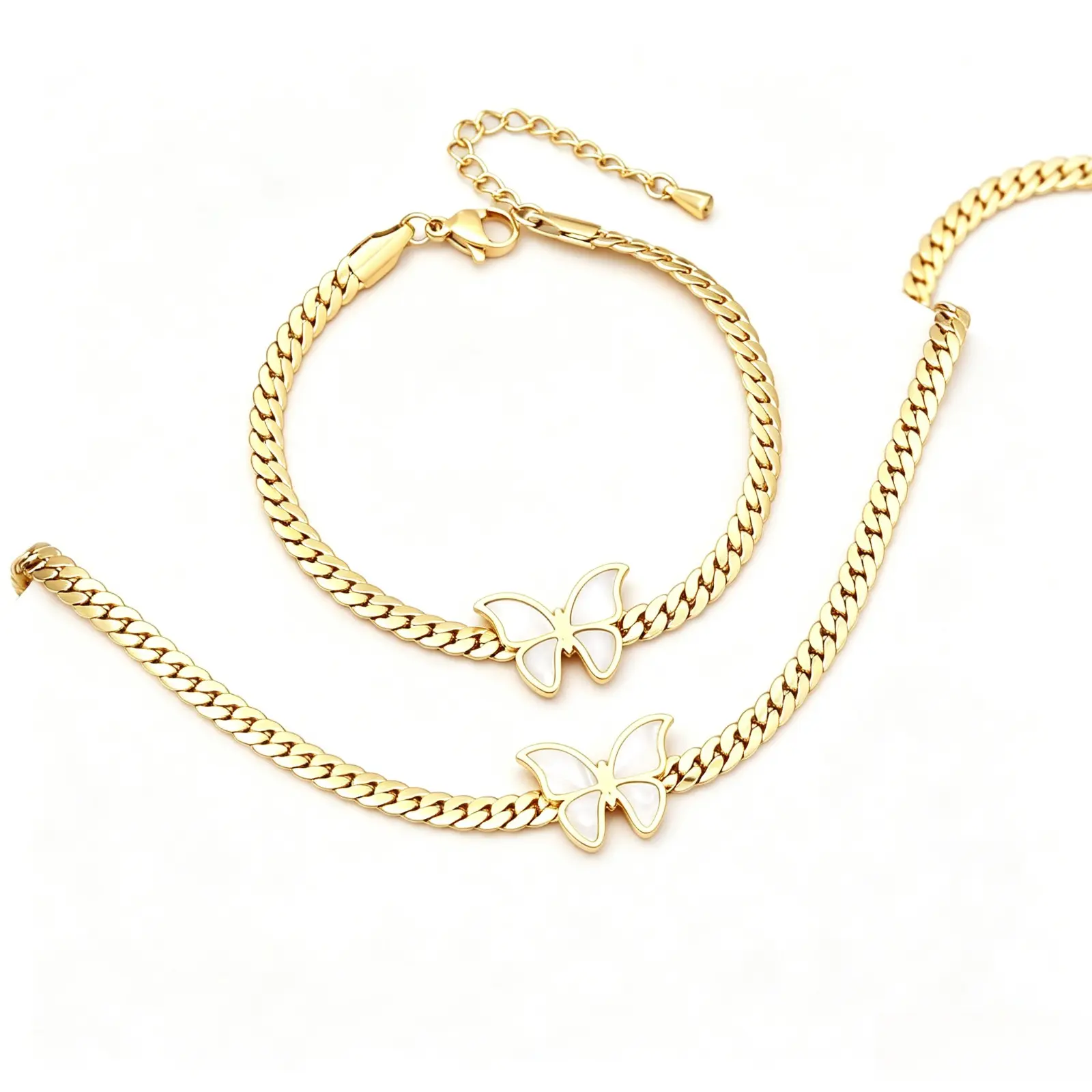 Gold Plated Jewelry Set Dainty Cuban Chain Shell Butterfly Necklace Matching Bracelet Minimalist Non-Tarnish Anniversary Mother Day Present